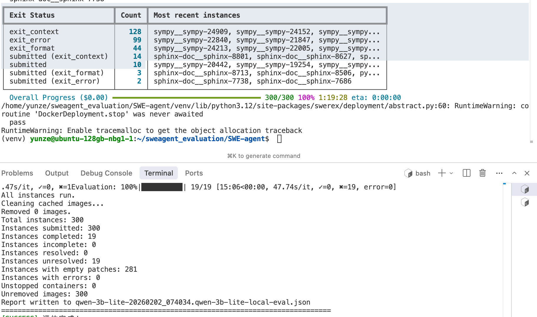SWE-agent 评测截图