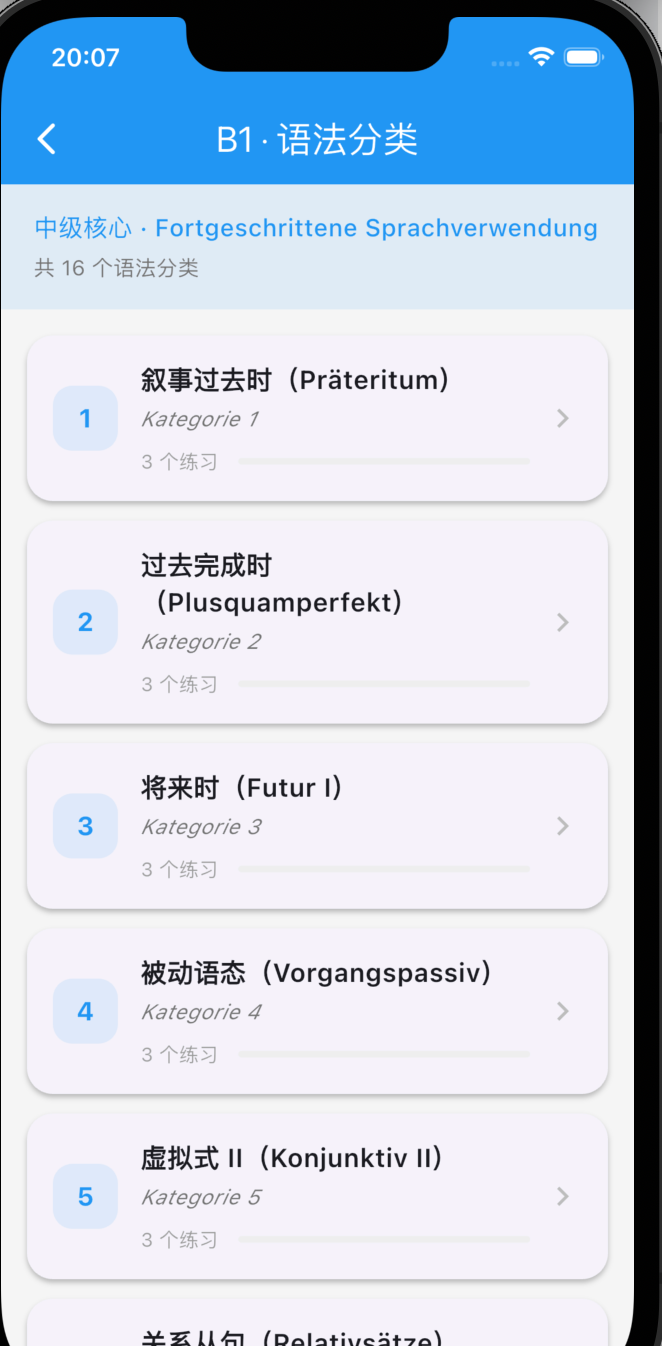 FSI Deutsch App — B1 语法分类页面