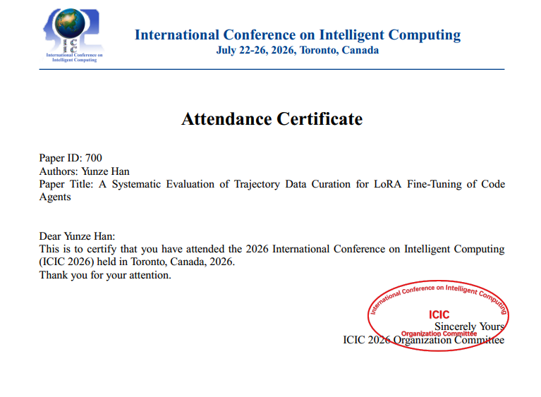 ICIC 2026 录用证书 — Paper ID 700, A Systematic Evaluation of Trajectory Data Curation for LoRA Fine-Tuning of Code Agents
