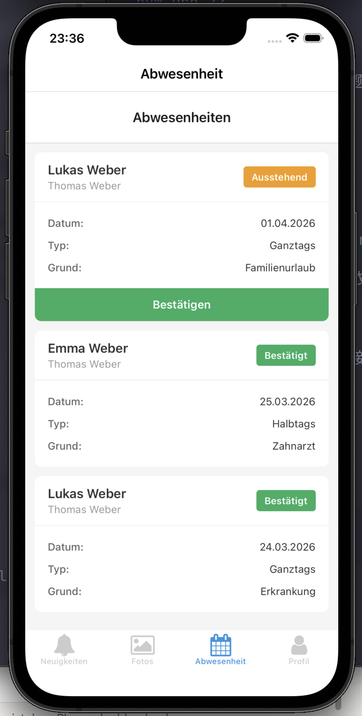 KitaApp 请假管理界面 — 教师视角，展示待审核与已确认的请假条目
